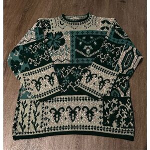 Vintage Carriage Court Womens Green Clover Abstract Knit Sweater Size L